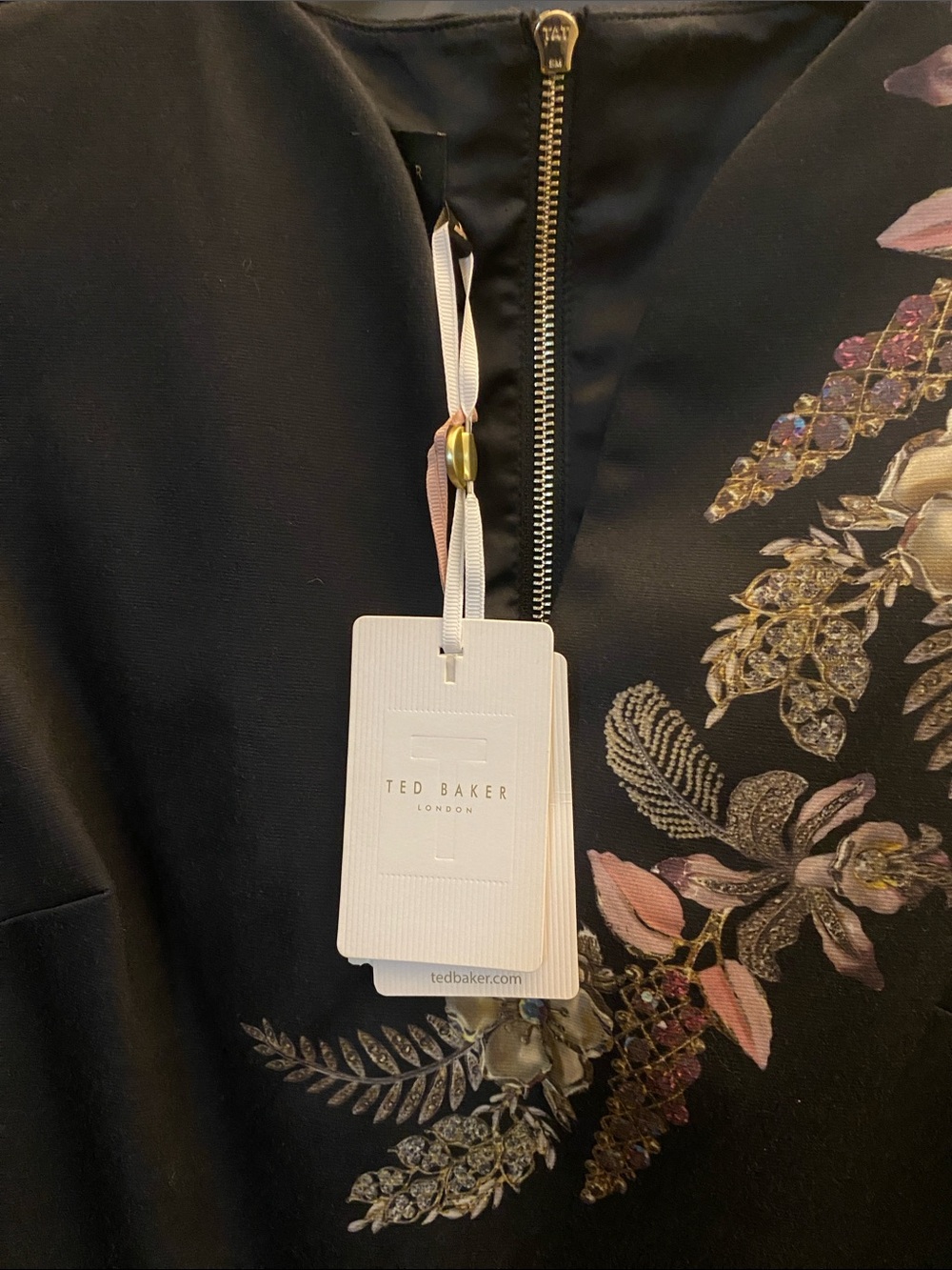NWT, Ted Baker Black Midi Dress with Pink and Gold Floral Embroidery - Picture 2 of 6